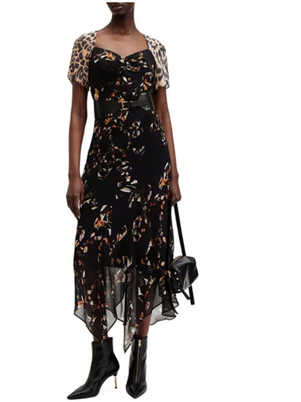 AllSaints Black Floral & Leopard Mixed-Print Midi Dress - Picture 5 of 8